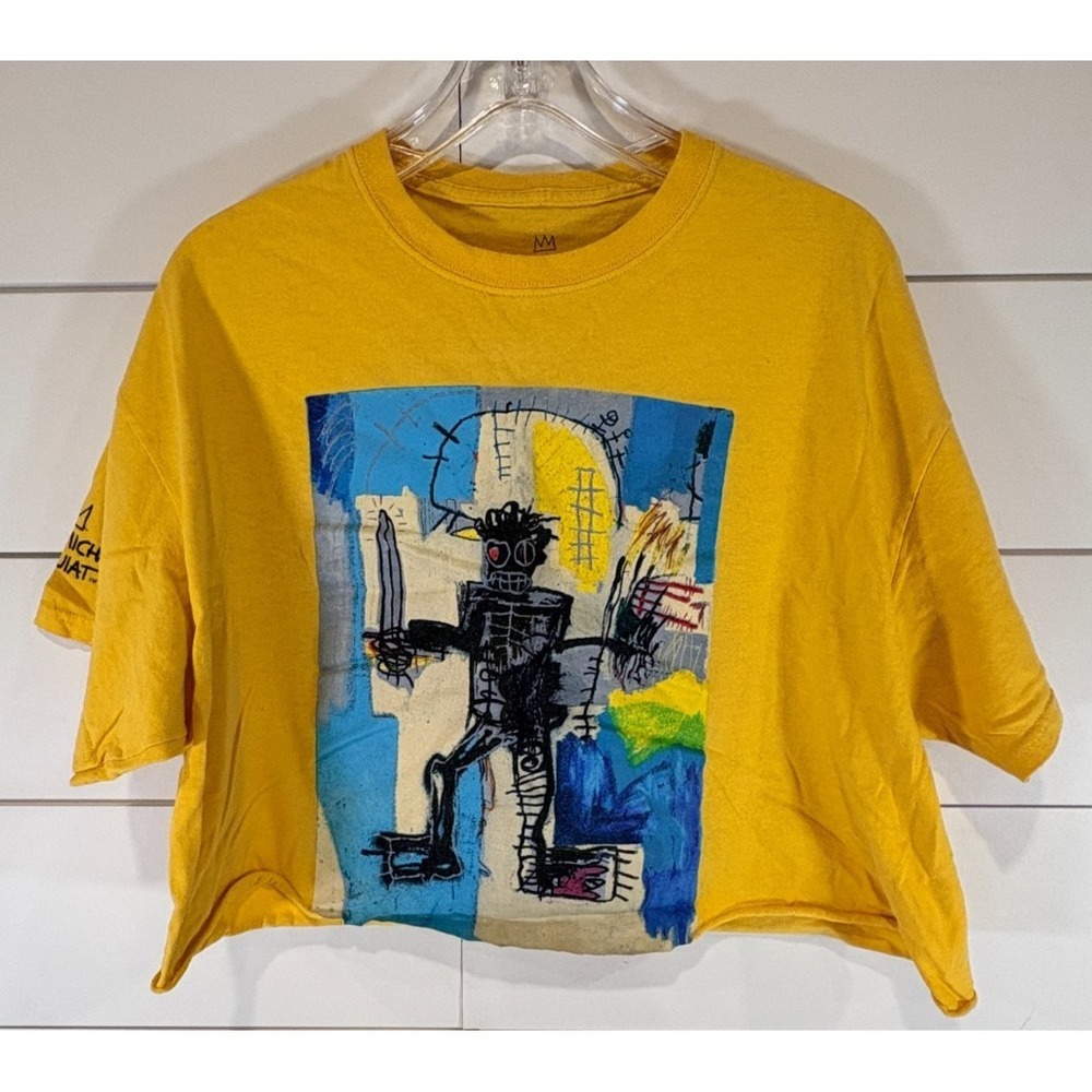 Jean Michel Basquiat Large Yellow Goodie Two Sleeves Artwork Crop Top Cut Off